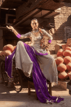 Zubaida- Light Gold Palazzo Set with Purple Hand Embroidered Ikat Scallops