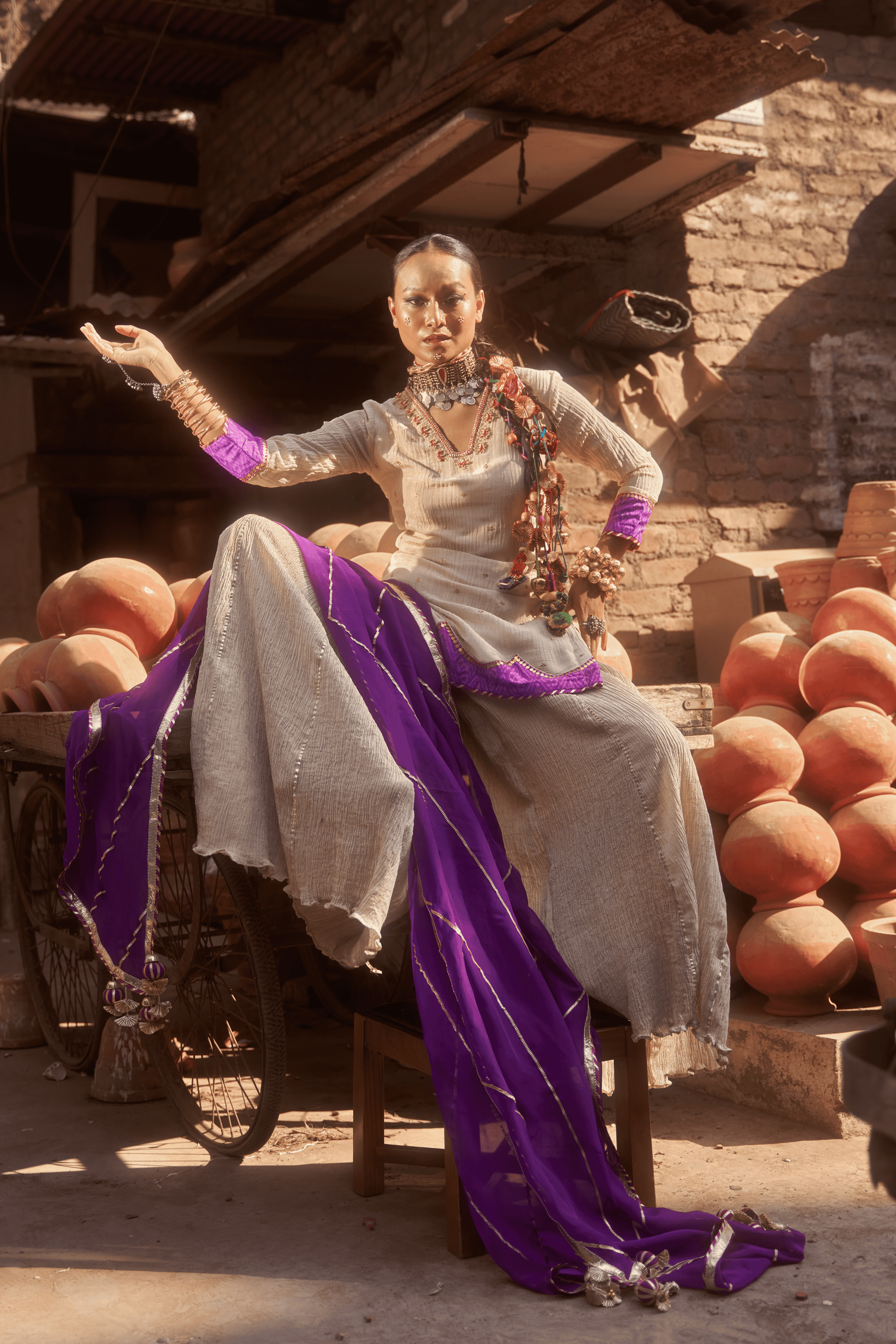 Zubaida- Light Gold Palazzo Set with Purple Hand Embroidered Ikat Scallops