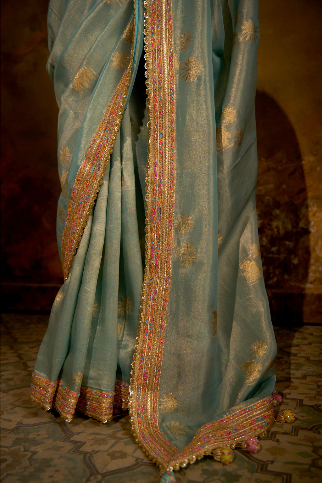 Naad Nandi - Aqua Blue Pichhwai Saree with Aqua Blue Corset