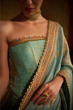 Naad Nandi - Aqua Blue Pichhwai Saree with Aqua Blue Corset