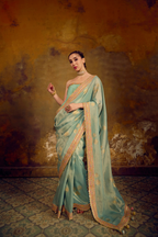 Naad Nandi - Aqua Blue Pichhwai Saree with Aqua Blue Corset