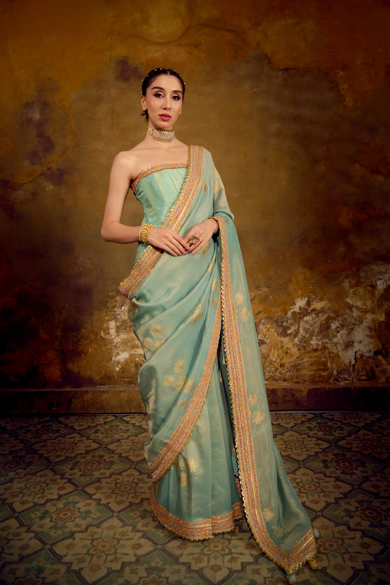 Naad Nandi - Aqua Blue Pichhwai Saree with Aqua Blue Corset