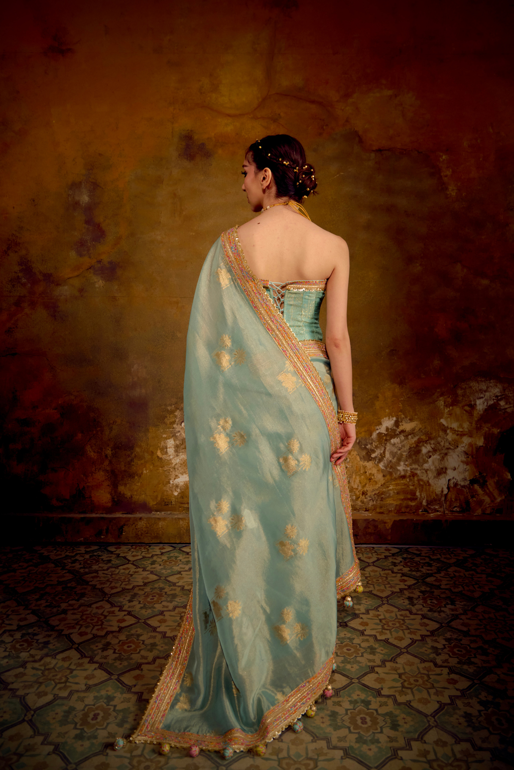 Naad Nandi - Aqua Blue Pichhwai Saree with Aqua Blue Corset