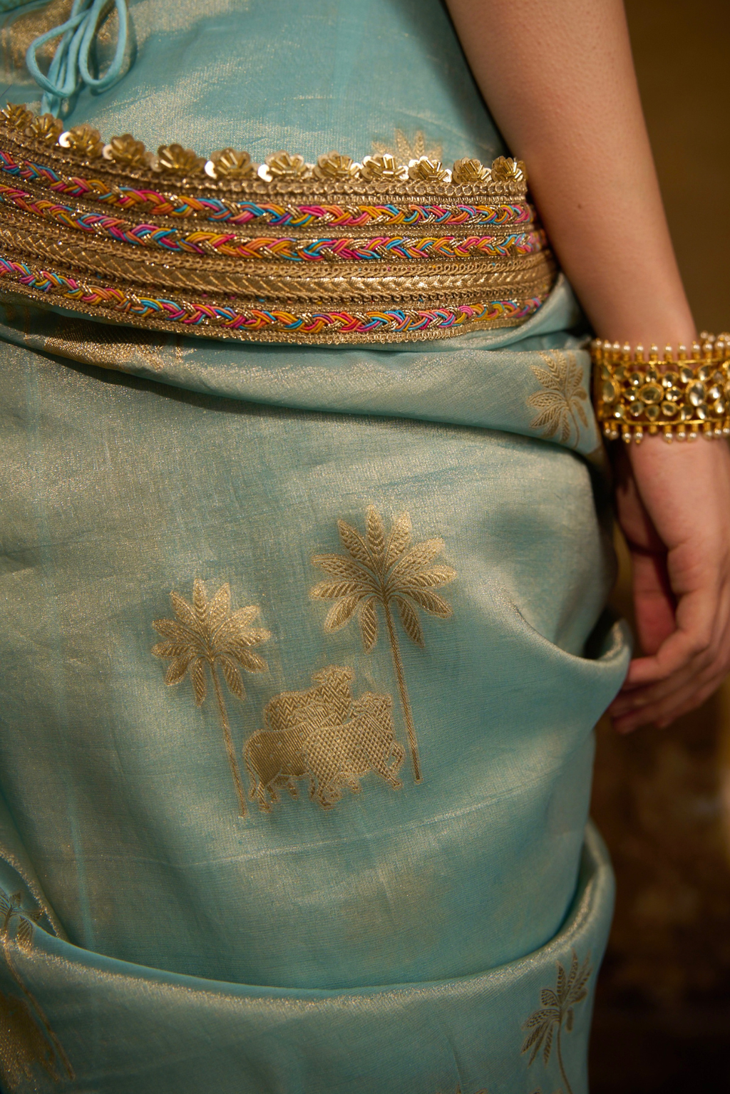 Naad Nandi - Aqua Blue Pichhwai Saree with Aqua Blue Corset
