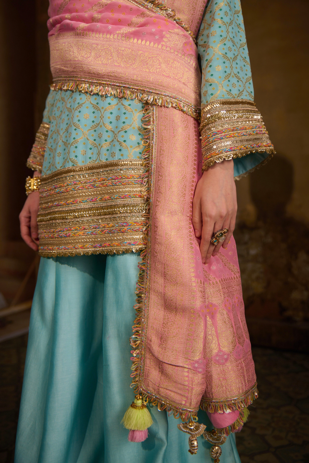 Naad Chanda - Aqua Blue Banarasi Bandhani Palazzo Set with Blush Pink Dupatta