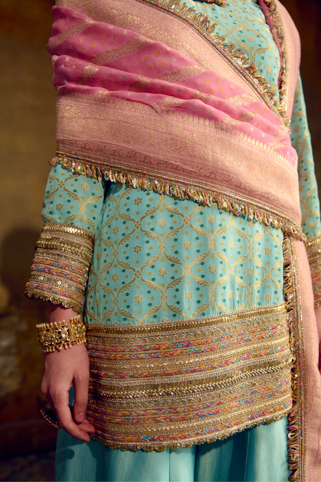 Naad Chanda - Aqua Blue Banarasi Bandhani Palazzo Set with Blush Pink Dupatta