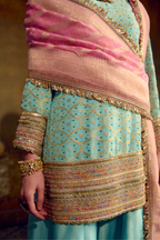 Naad Chanda - Aqua Blue Banarasi Bandhani Palazzo Set with Blush Pink Dupatta