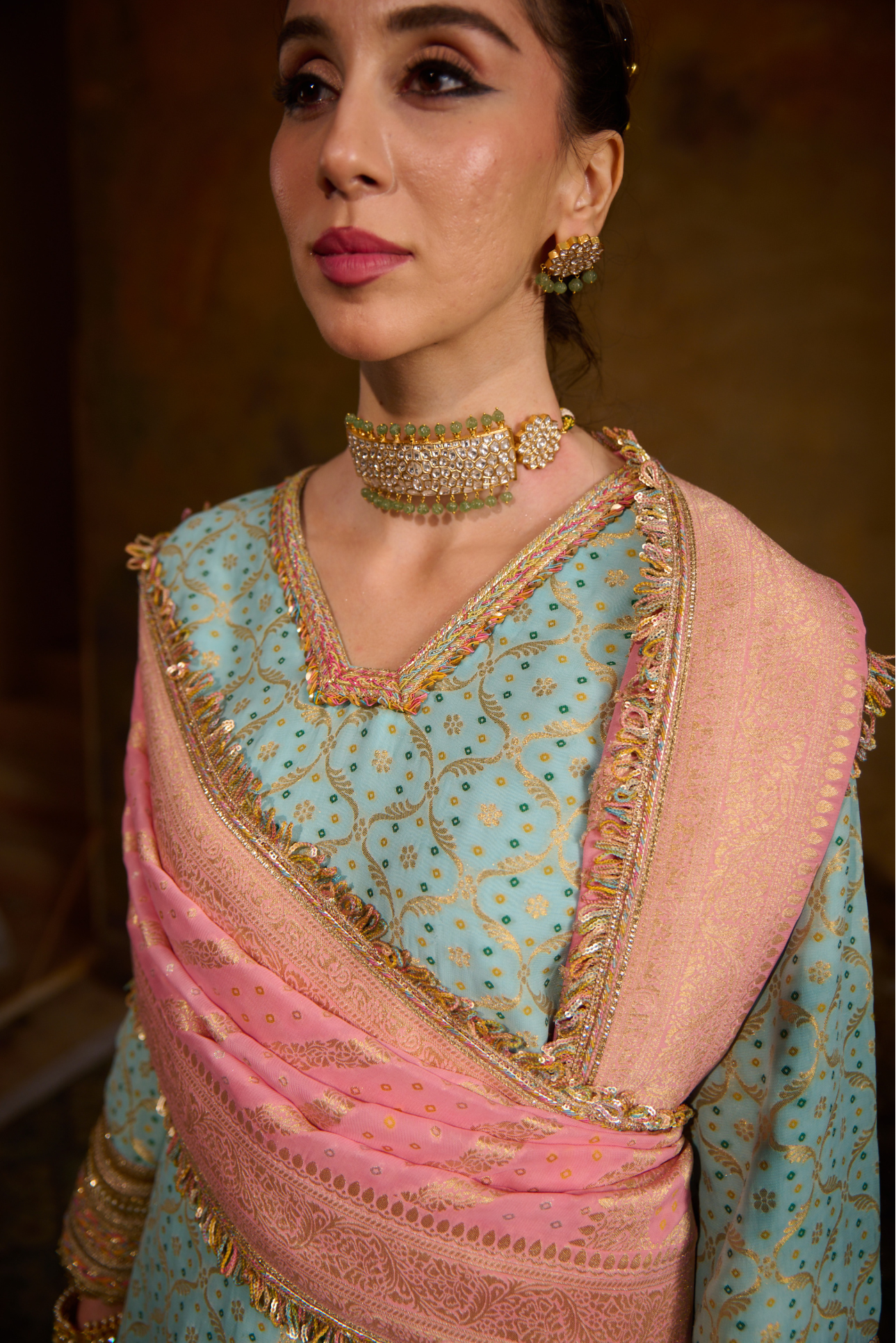 Naad Chanda - Aqua Blue Banarasi Bandhani Palazzo Set with Blush Pink Dupatta