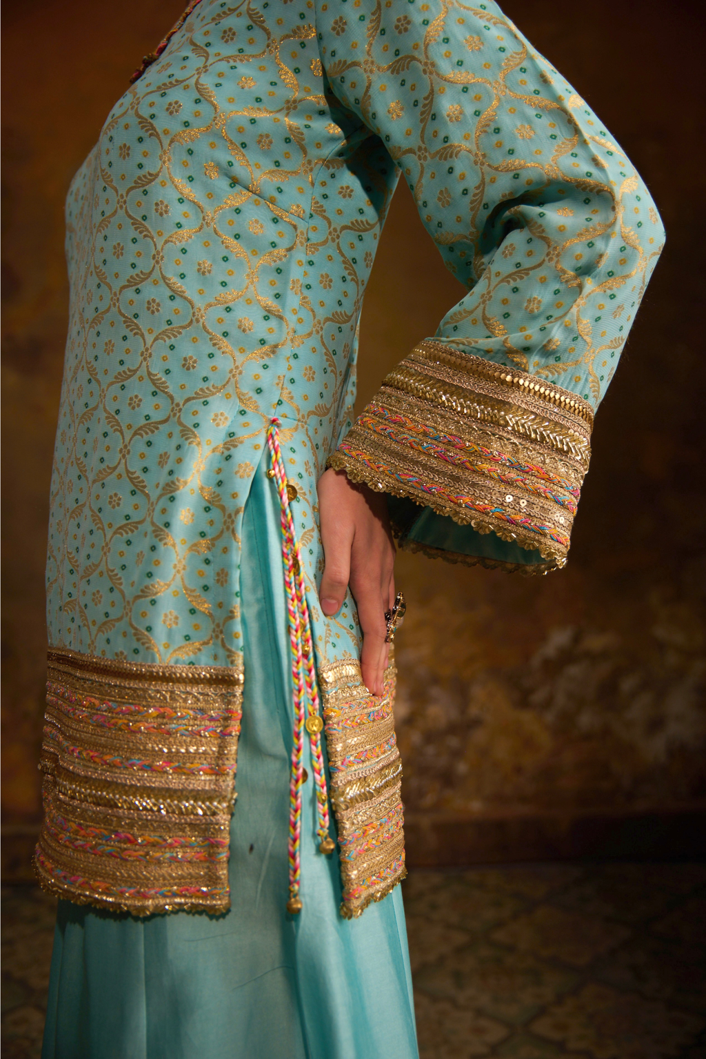 Naad Chanda - Aqua Blue Banarasi Bandhani Palazzo Set with Blush Pink Dupatta