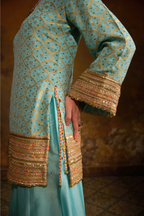 Naad Chanda - Aqua Blue Banarasi Bandhani Palazzo Set with Blush Pink Dupatta