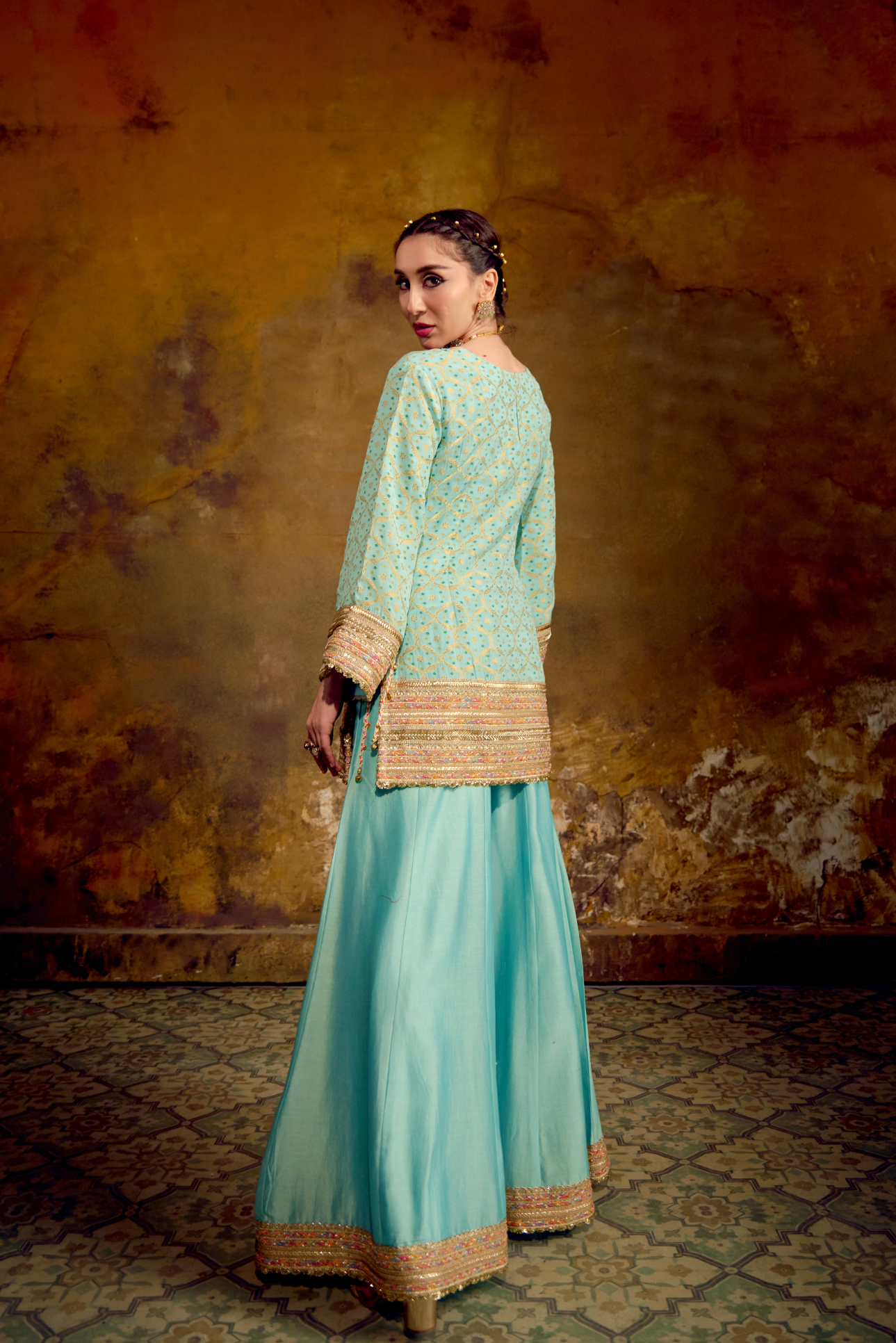 Naad Chanda - Aqua Blue Banarasi Bandhani Palazzo Set with Blush Pink Dupatta