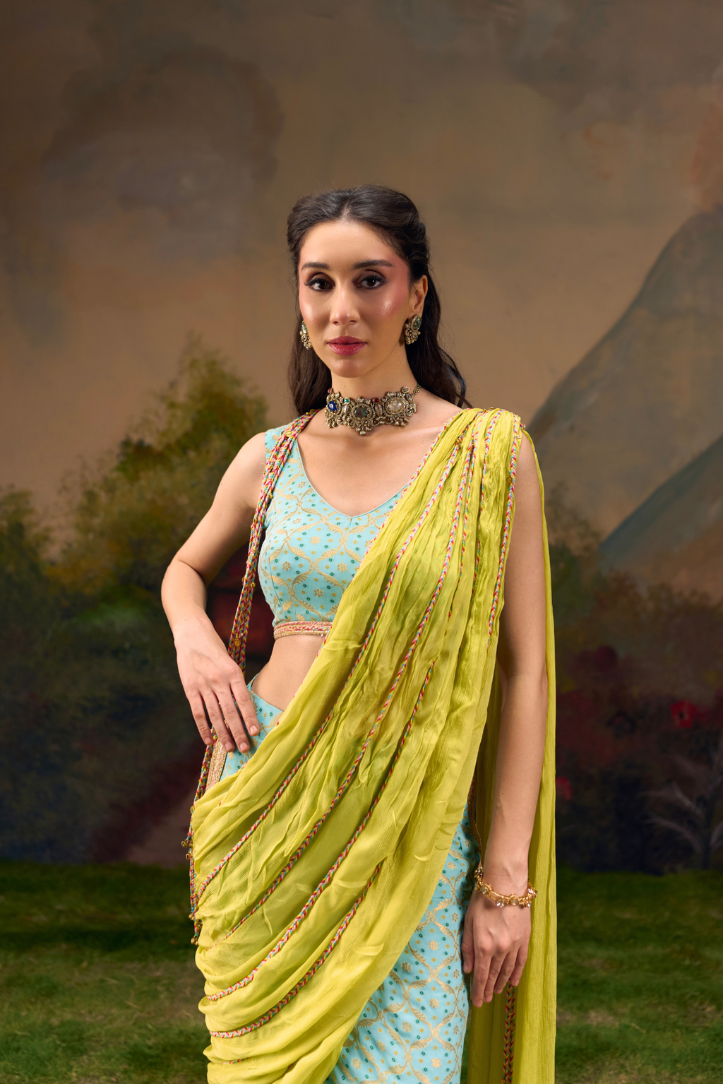 Naad Tarang- Aqua Blue Skirt Set with Fixed Lime Green Drape and Crop Top