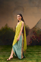 Naad Saawan - Aqua Blue Straight Skirt with Lime Green Fixed Drape and Corset