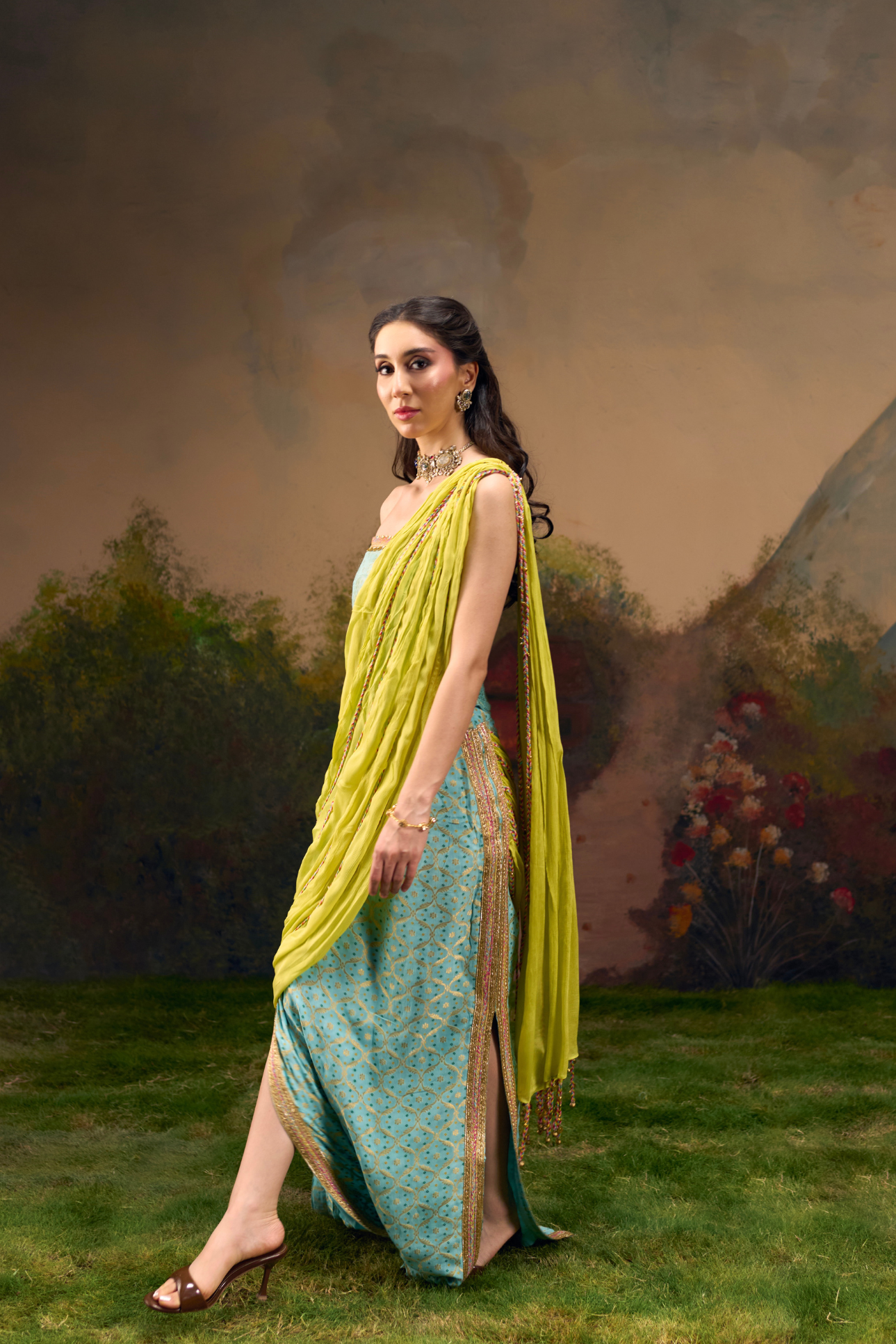 Naad Saawan - Aqua Blue Straight Skirt with Lime Green Fixed Drape and Corset