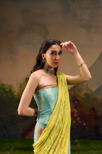 Naad Saawan - Aqua Blue Straight Skirt with Lime Green Fixed Drape and Corset