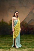 Naad Saawan - Aqua Blue Straight Skirt with Lime Green Fixed Drape and Corset