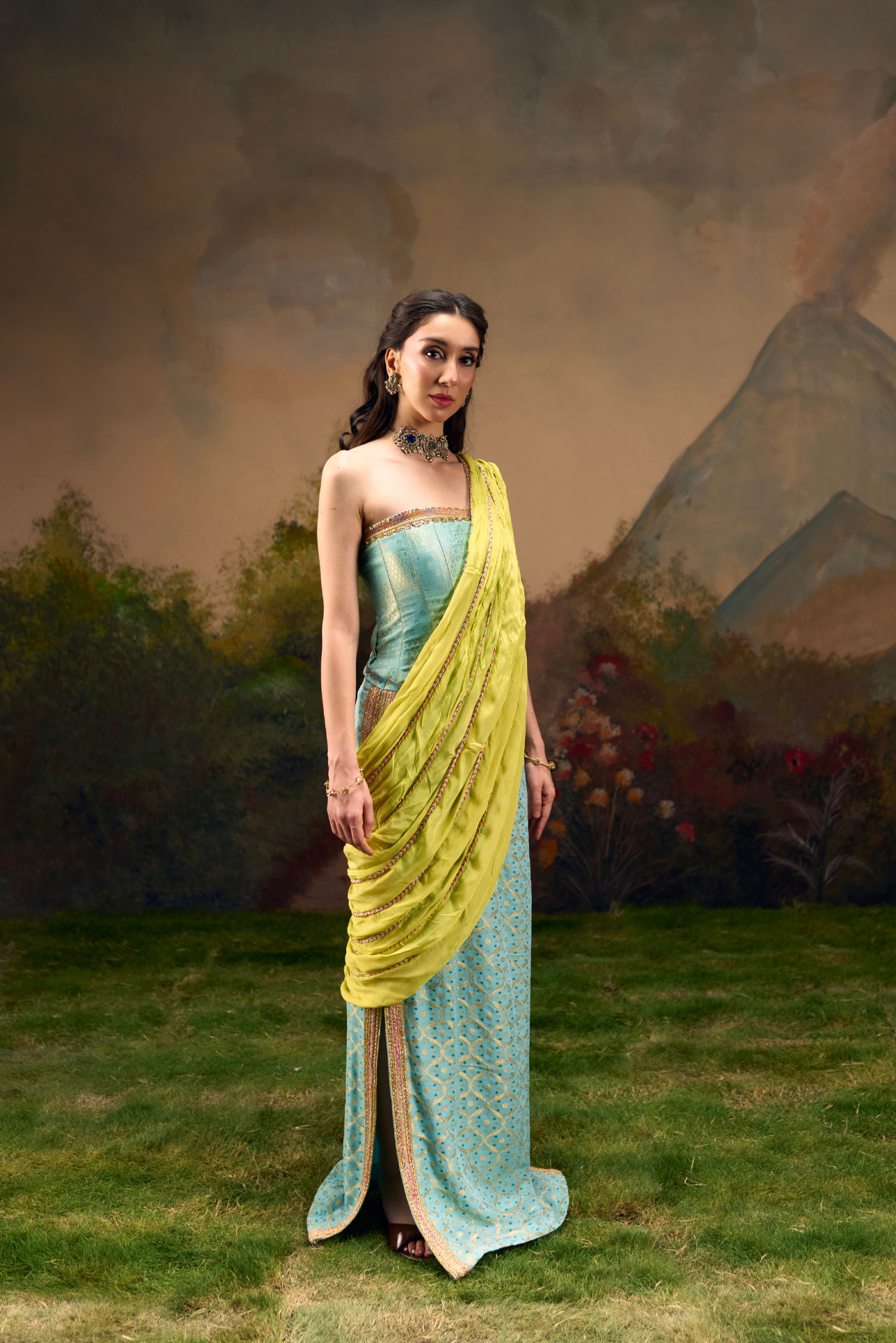 Naad Saawan - Aqua Blue Straight Skirt with Lime Green Fixed Drape and Corset