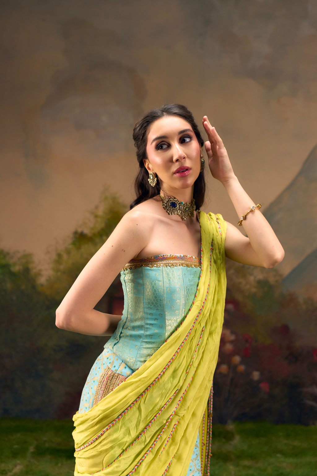 Naad Saawan - Aqua Blue Straight Skirt with Lime Green Fixed Drape and Corset