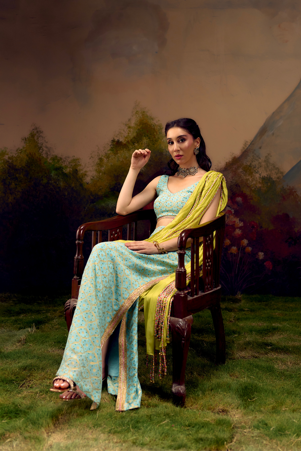 Naad Tarang- Aqua Blue Skirt Set with Fixed Lime Green Drape and Crop Top