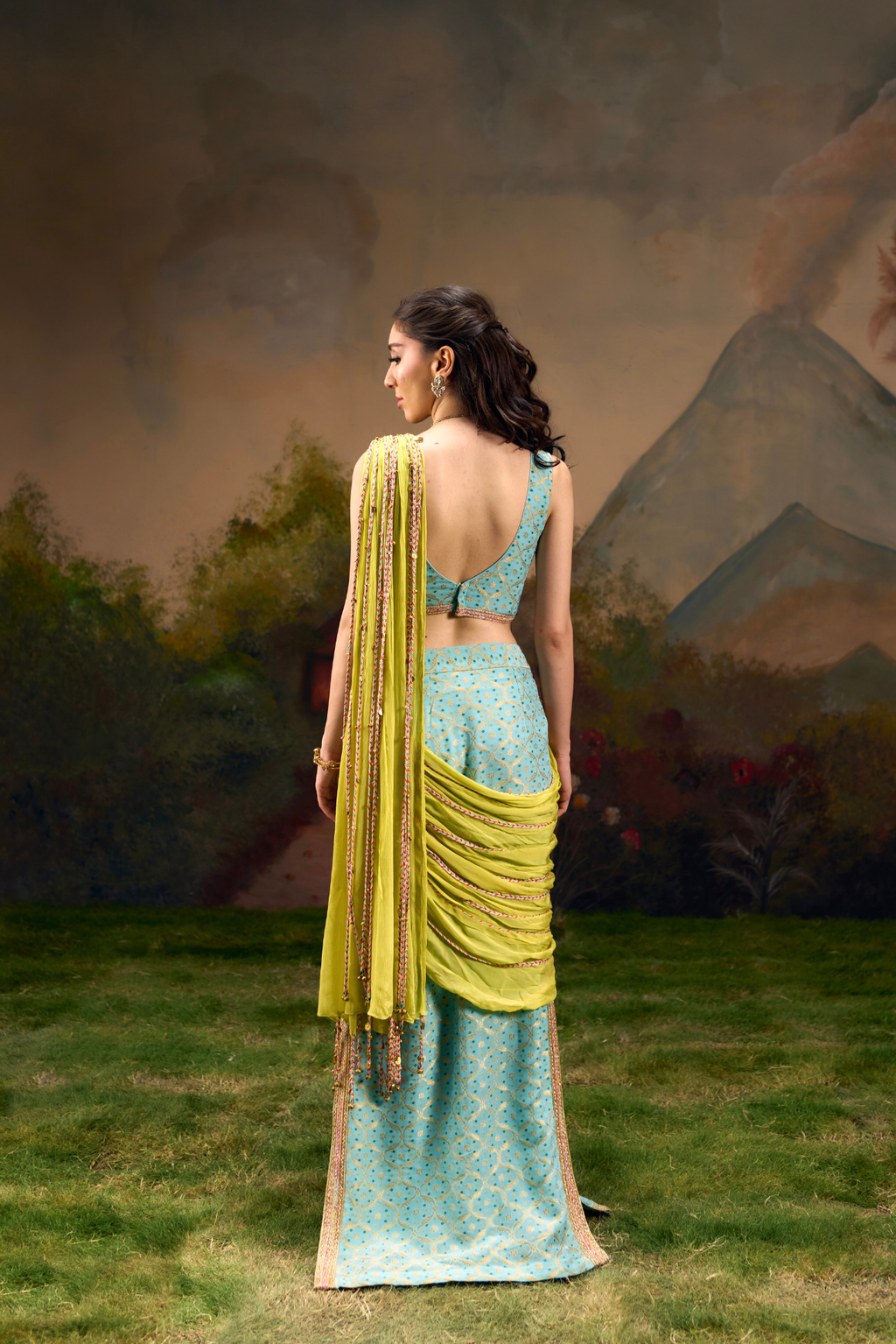 Naad Tarang- Aqua Blue Skirt Set with Fixed Lime Green Drape and Crop Top