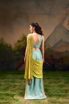 Naad Tarang- Aqua Blue Skirt Set with Fixed Lime Green Drape and Crop Top