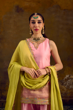 Naad Komal - Blush Pink Farshi Salwar with Lime Green Dupatta