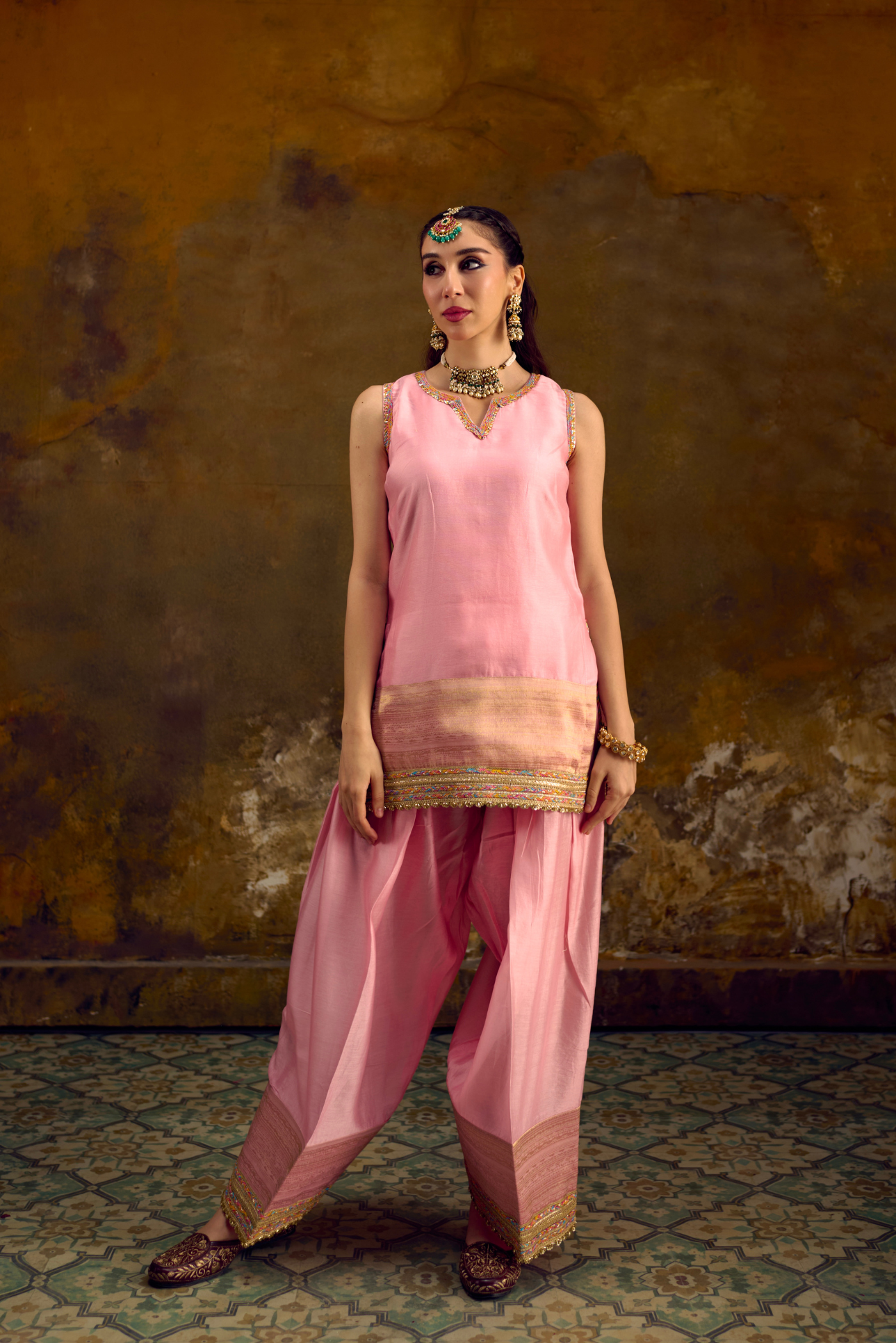 Naad Komal - Blush Pink Farshi Salwar with Lime Green Dupatta