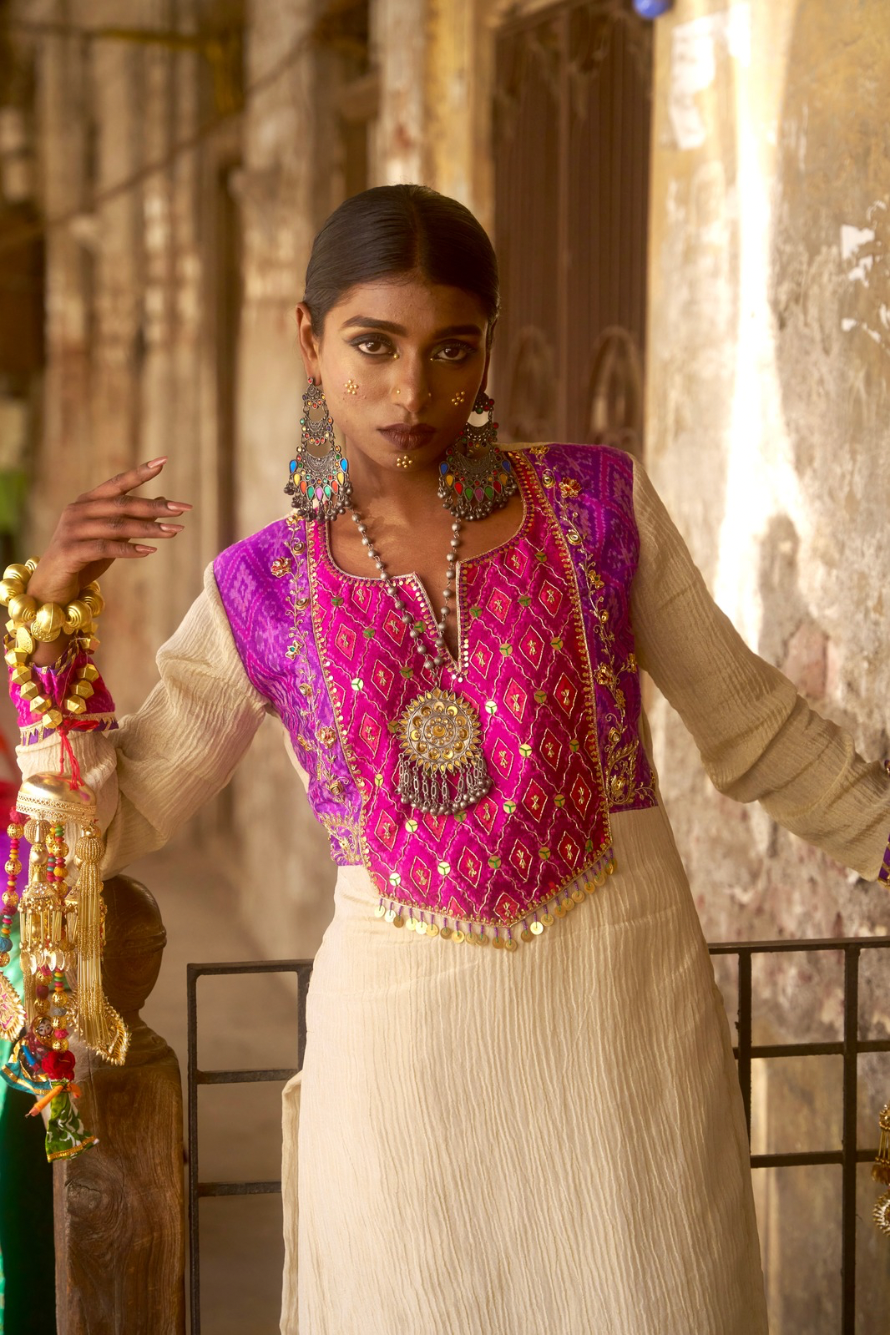 Soraya - Light Gold Kurta Set with Pink Hand-Embroidered Ikat Patch