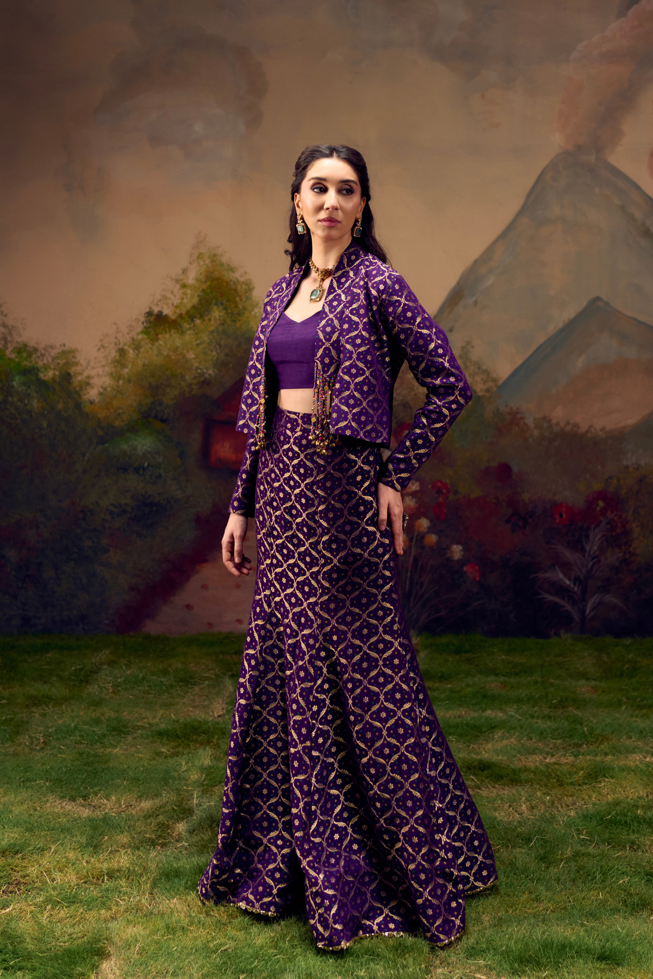 Naad Aanya -Purple Jacket Set with Fishcut Lehenga