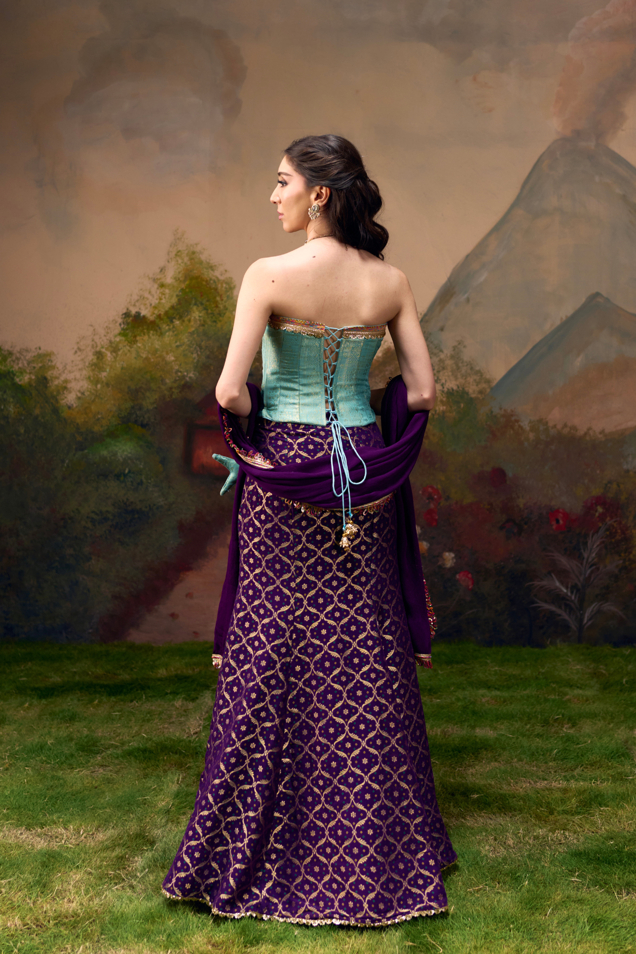 Naad Reet- Purple Fishcut Lehenga Set with Aqua Blue Corset