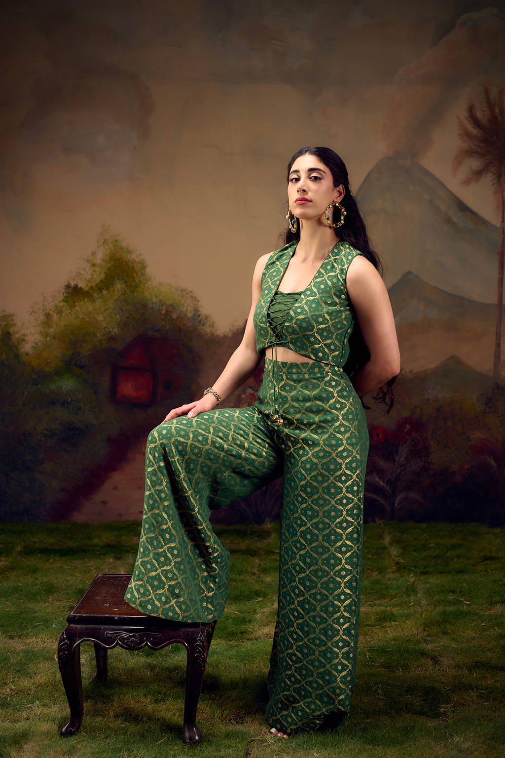 Naad Yuva - Green Palazzo Set with Tie up Jacket
