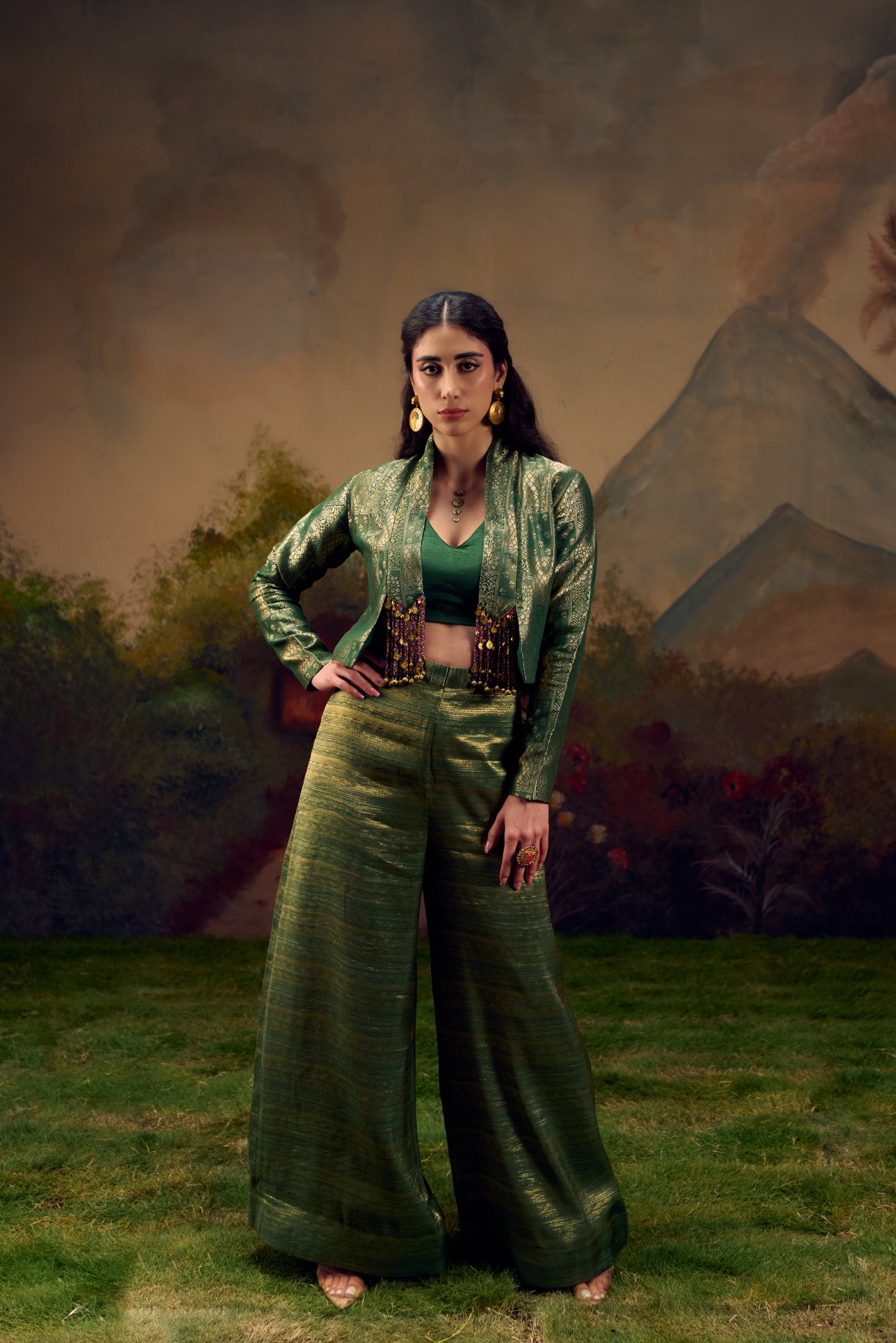 Naad Malhar - Green Jacket Set with Palazzo and Tassles Detailing