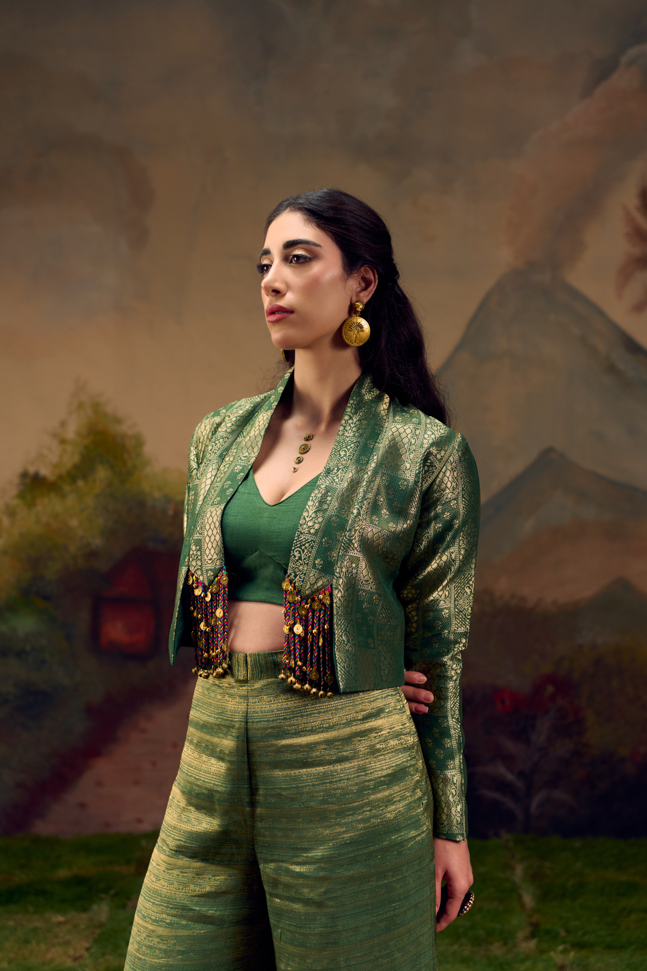 Naad Malhar - Green Jacket Set with Palazzo and Tassles Detailing
