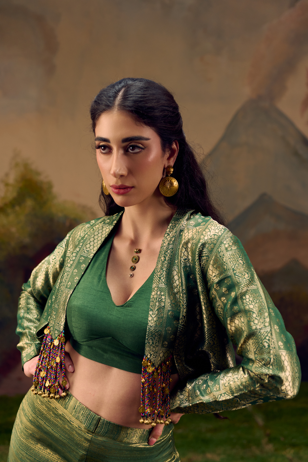 Naad Malhar - Green Jacket Set with Palazzo and Tassles Detailing