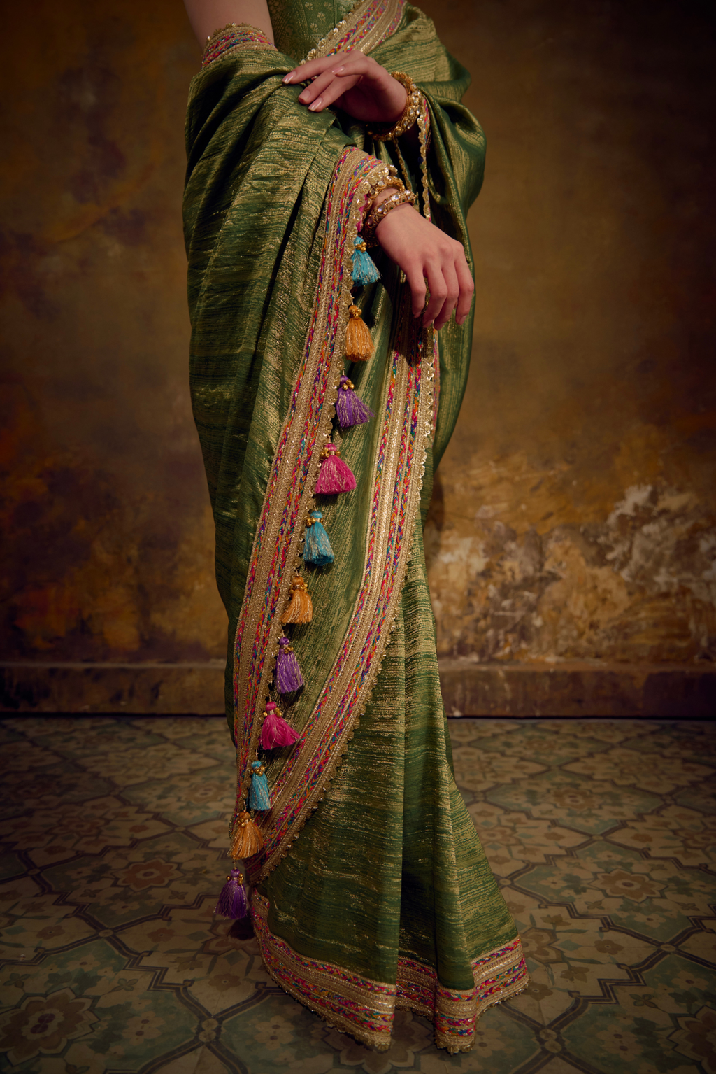 Naad Vana - Olive Green Banarasi Tanchhoi Silk Saree with Vest Blouse