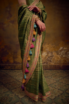 Naad Vana - Olive Green Banarasi Tanchhoi Silk Saree with Vest Blouse
