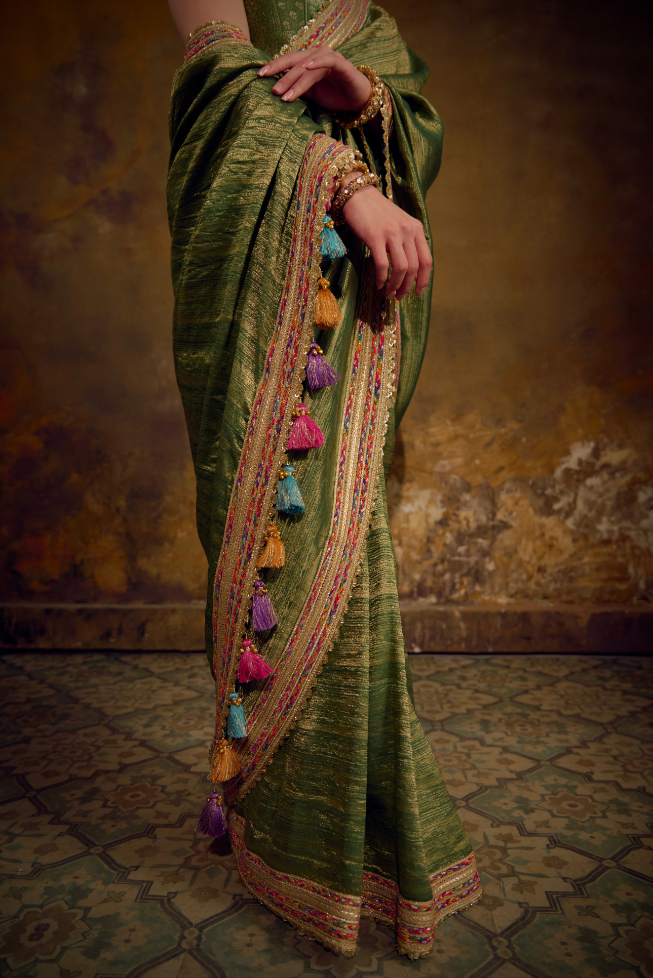 Naad Vana - Olive Green Banarasi Tanchhoi Silk Saree with Vest Blouse