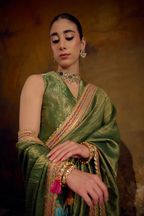 Naad Vana - Olive Green Banarasi Tanchhoi Silk Saree with Vest Blouse