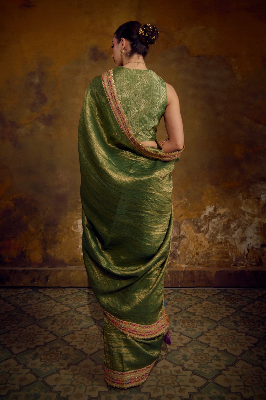 Naad Vana - Olive Green Banarasi Tanchhoi Silk Saree with Vest Blouse
