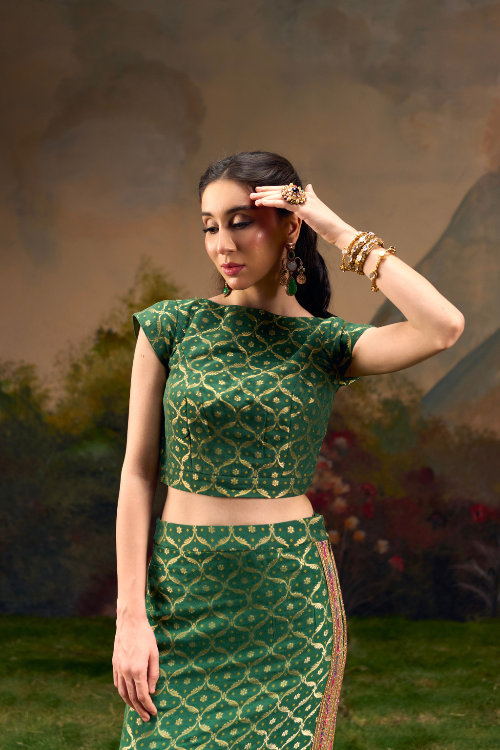 Naad Rajeshwari- Green Skirt Set with Cap Sleeves Top