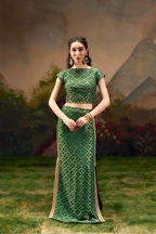 Naad Rajeshwari- Green Skirt Set with Cap Sleeves Top