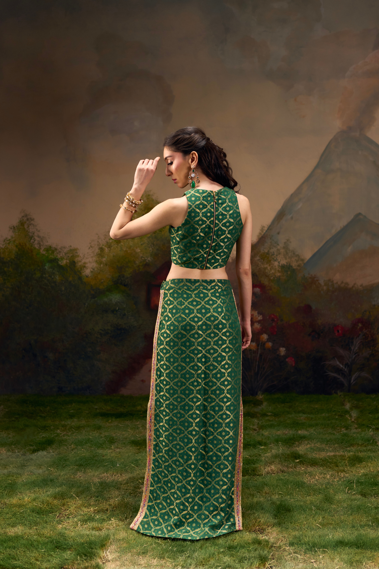 Naad Dhwani- Olive Green Straight Skirt and Top Set