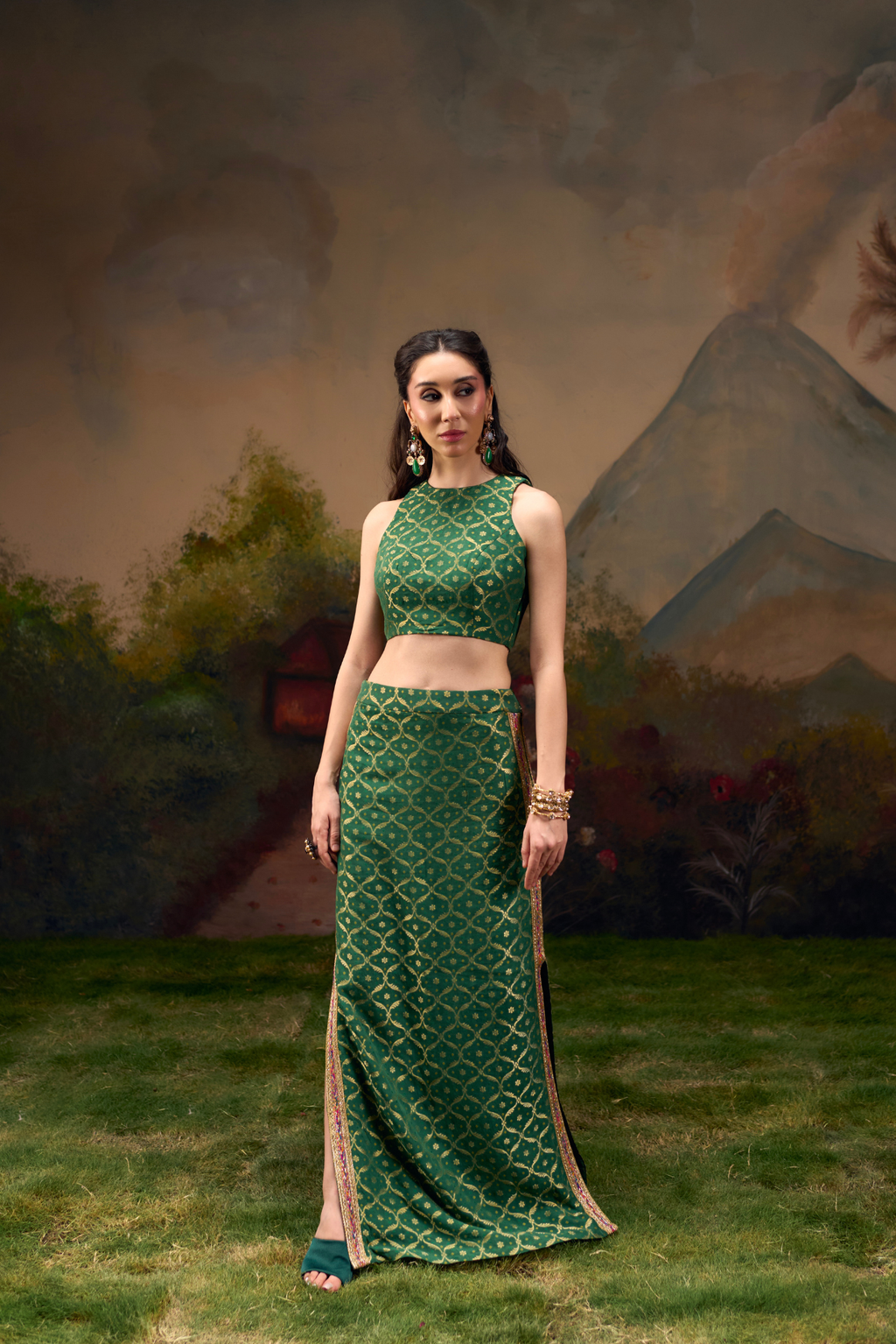 Naad Dhwani- Olive Green Straight Skirt and Top Set
