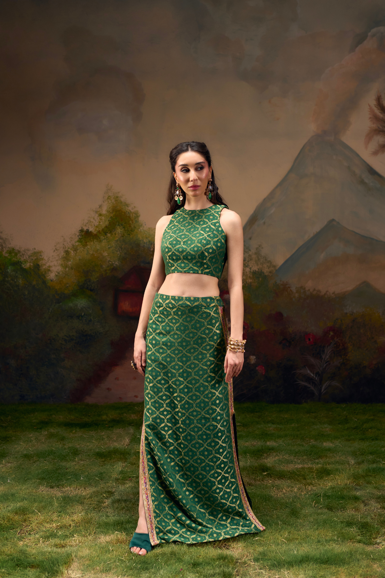 Naad Dhwani- Olive Green Straight Skirt and Top Set
