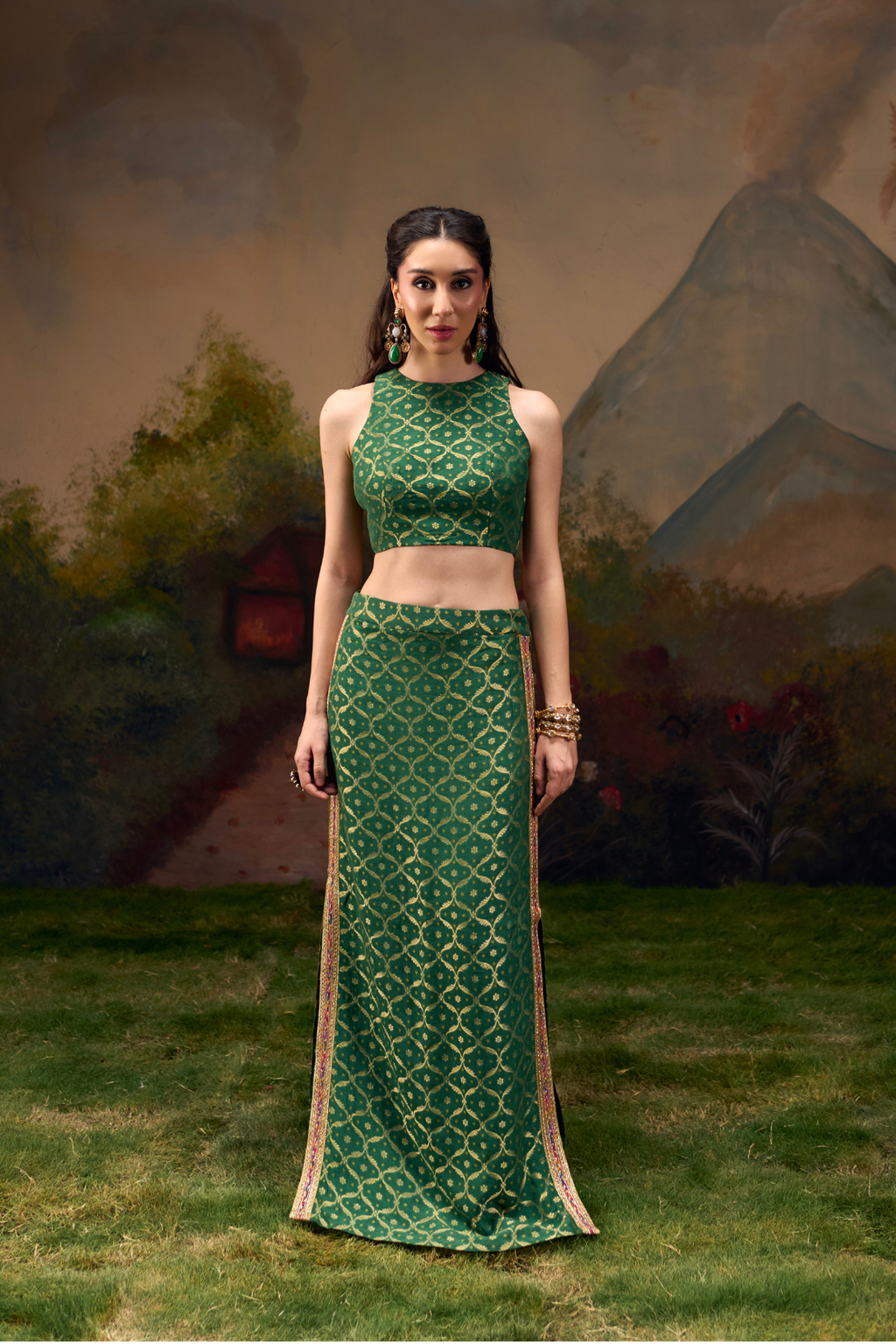 Naad Dhwani- Olive Green Straight Skirt and Top Set