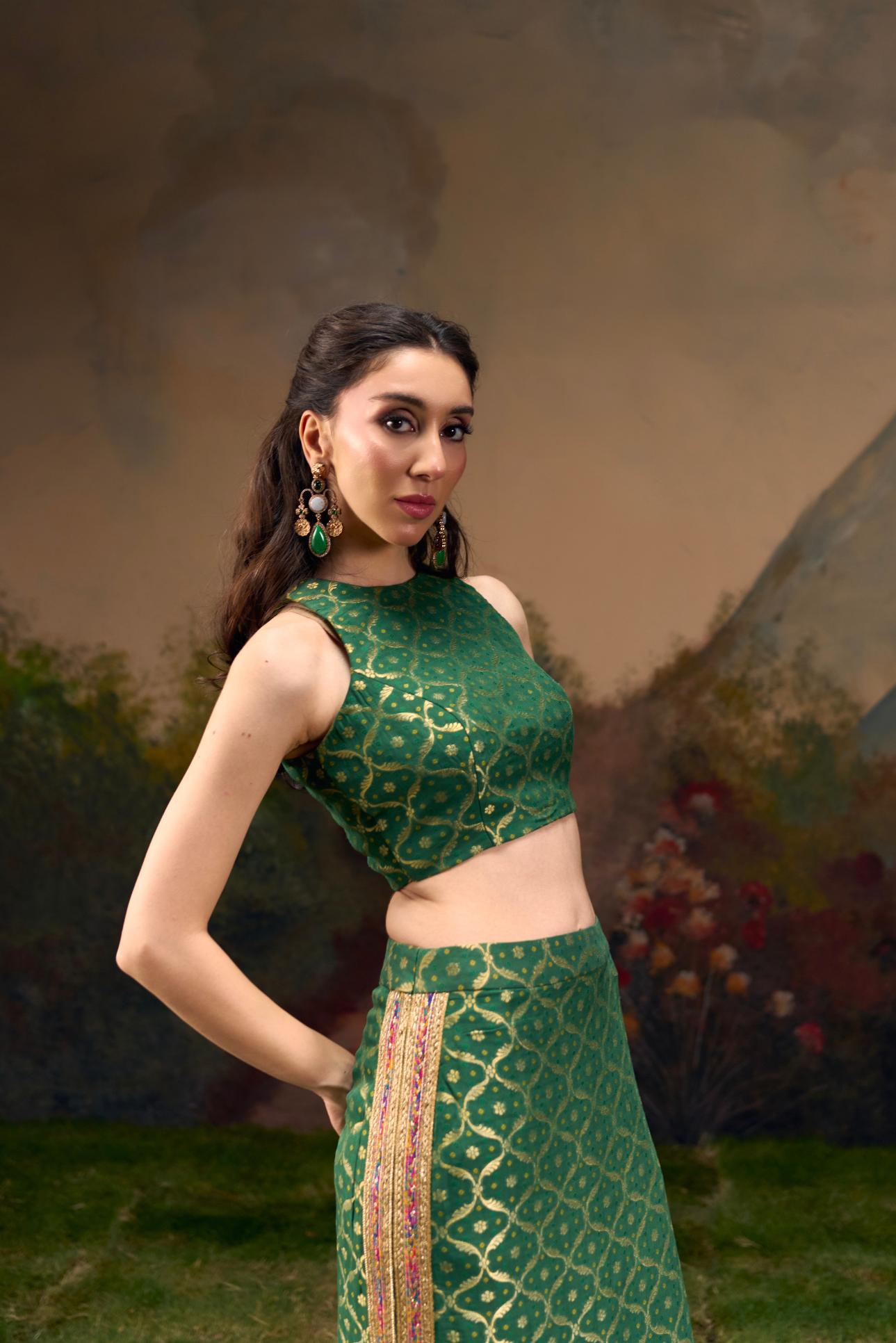 Naad Dhwani- Olive Green Straight Skirt and Top Set