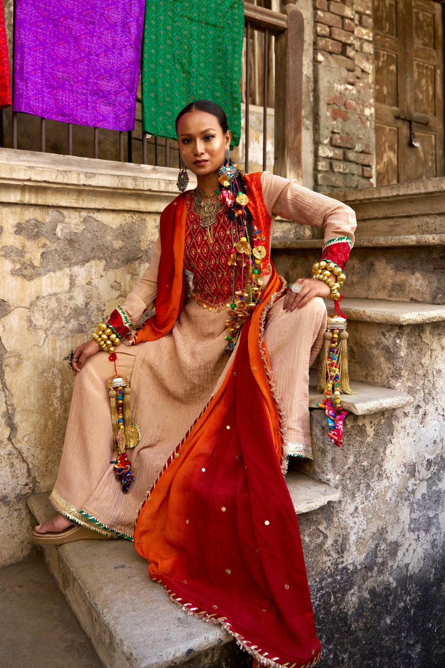 Soraya- Rose Gold Kurta Set with Red Hand Embroidered Ikat Patch