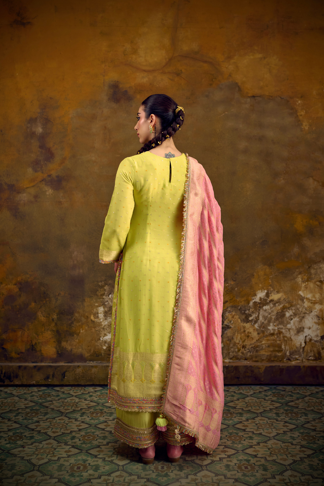 Naad Basant - Lime Green Kurta Set with Blush Pink Dupatta