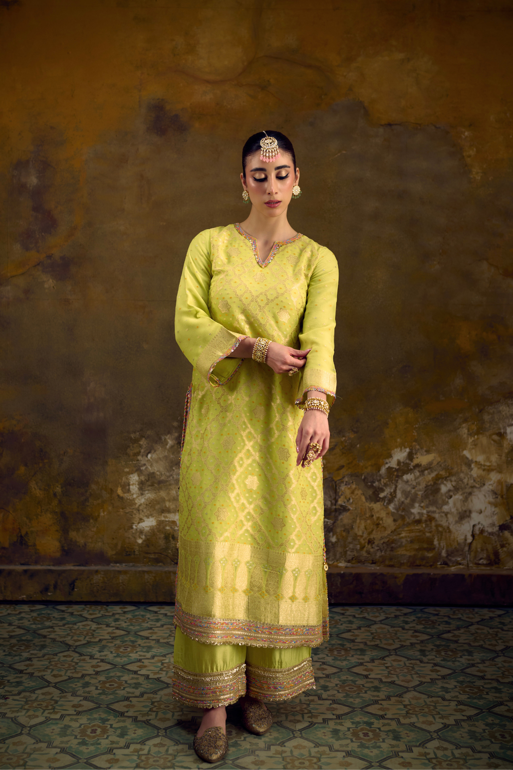 Naad Basant - Lime Green Kurta Set with Blush Pink Dupatta