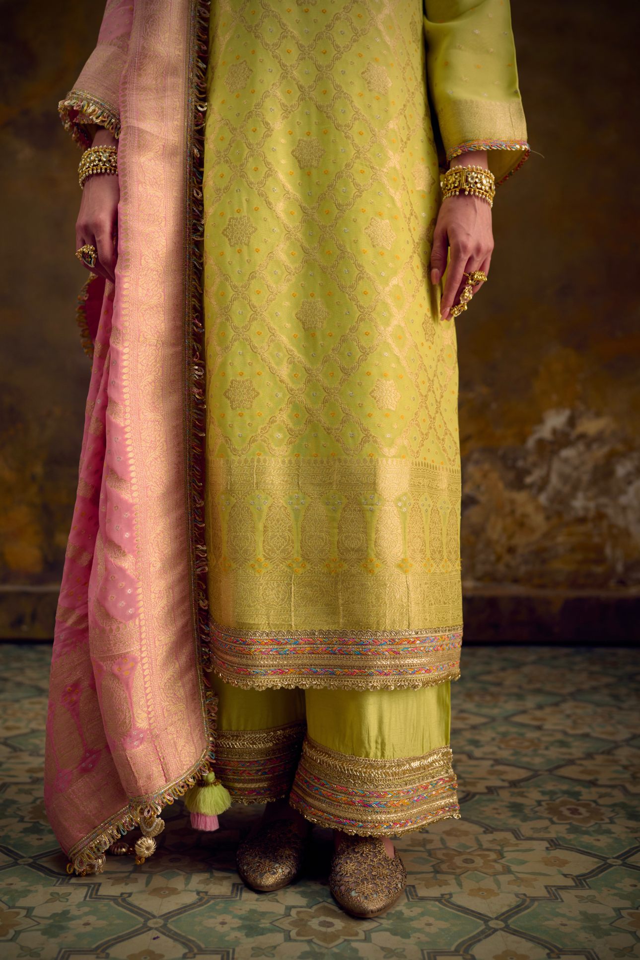 Naad Basant - Lime Green Kurta Set with Blush Pink Dupatta